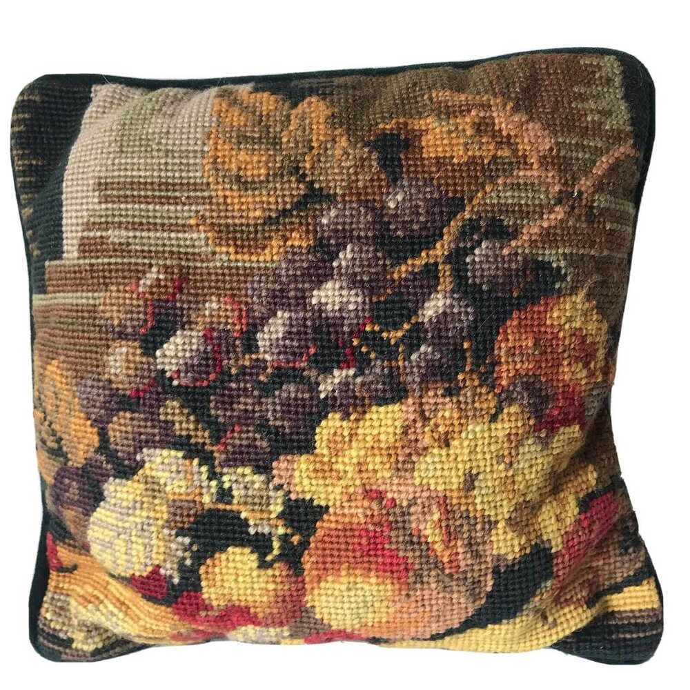 Needlepoint‎ still life harvest Thanksgiving grapes throw pillow velvet zip back
